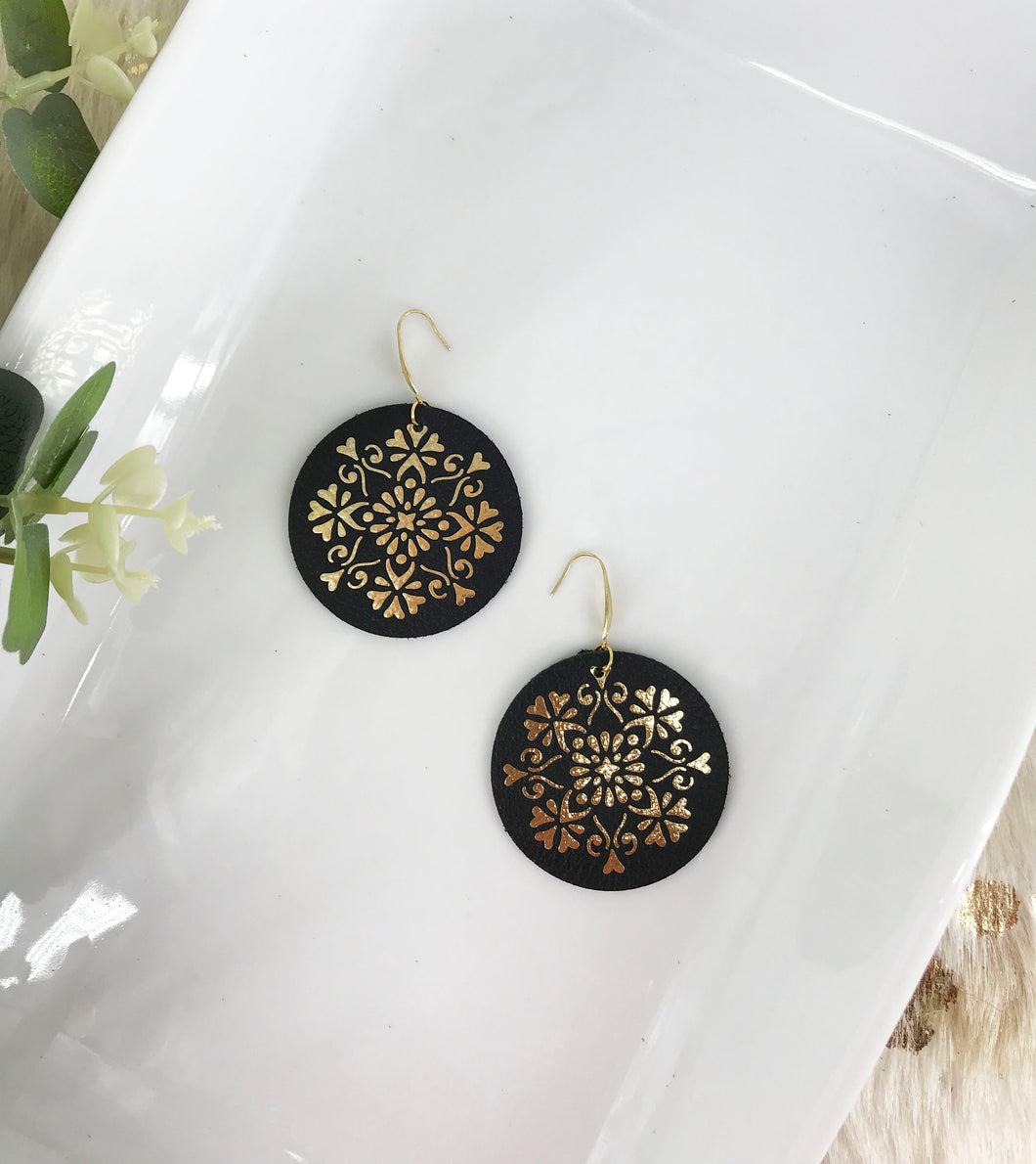Black Leather and Metallic Gold Earrings - E19-843