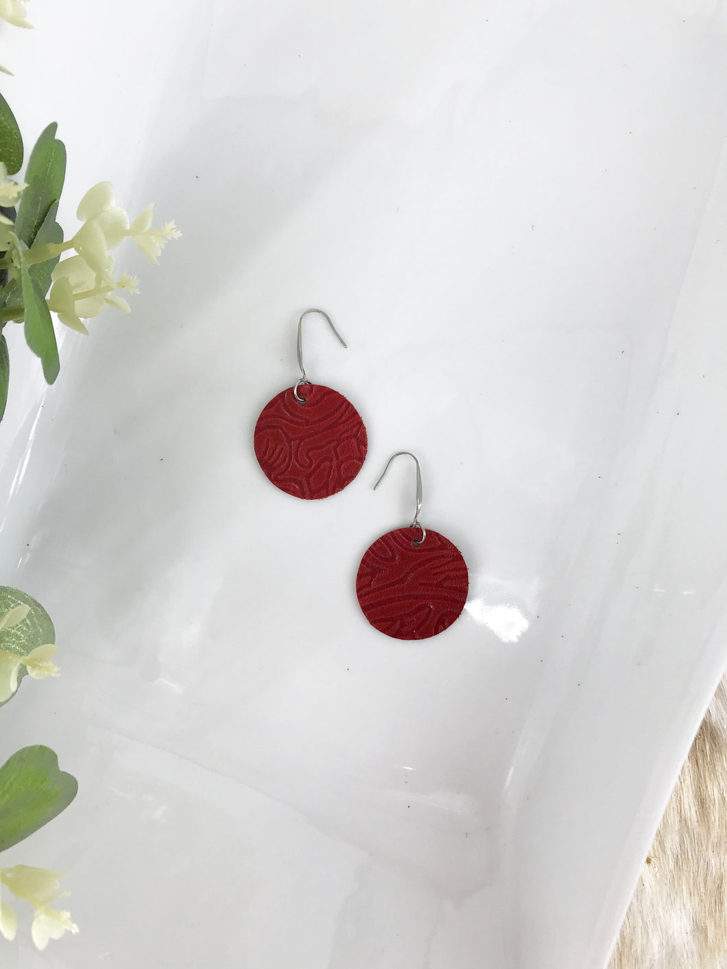 Red Embossed Leather Earrings - E19-908