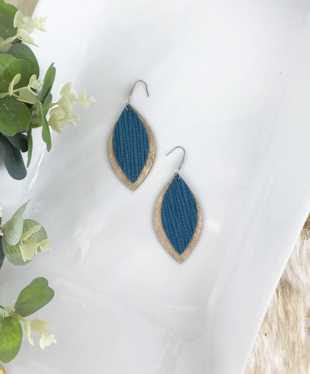 Camel Distressed Leather and Teal Leather Earrings - E19-944