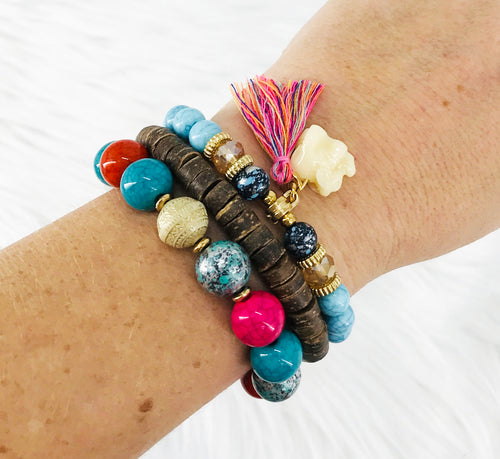 Stackable Bohemian Wood Bead Stretch Bracelets - B137