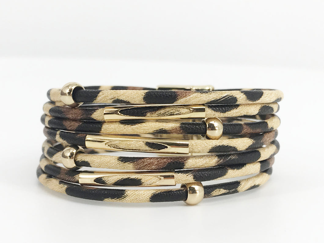 Multilayer Tan Leopard Tube Cuff Bracelet - B207