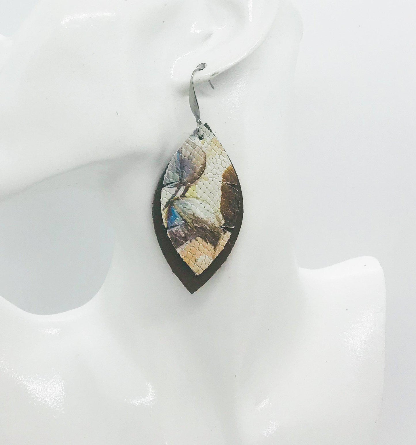 Brown and Textured Floral Snake Leather Earrings - E19-1319