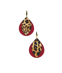 Cranberry Leather and Banana Leopard Leather Earrings - E19-1367