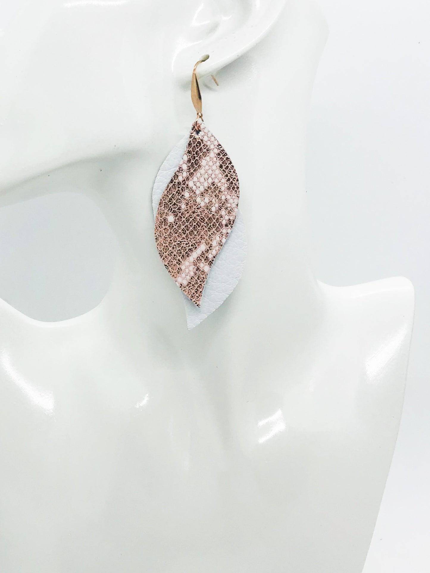 White Leather and Rose Gold Snake Leather Earrings - E19-1369