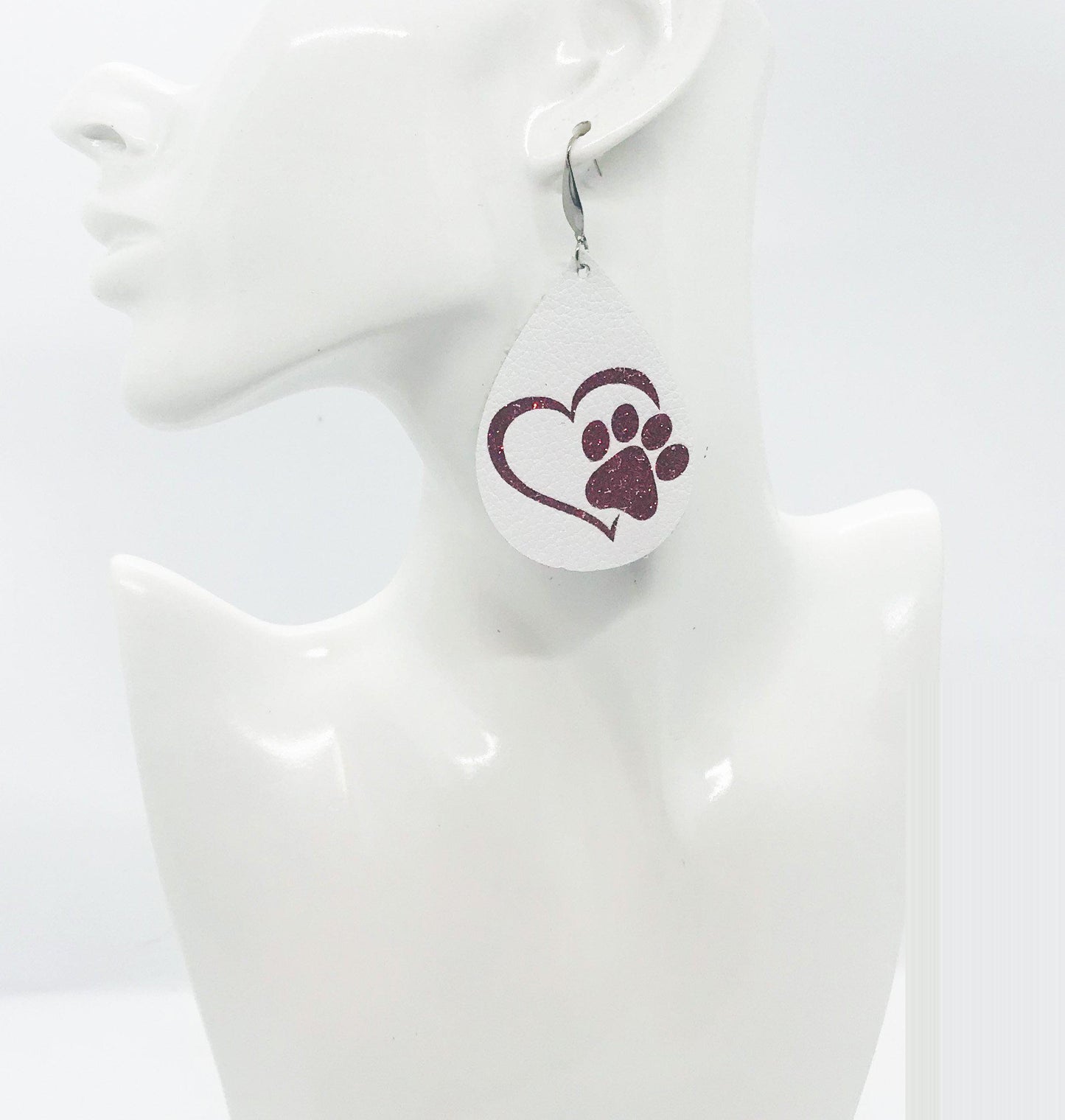 White Genuine Leather and Red Glitter Earrings - E19-1404