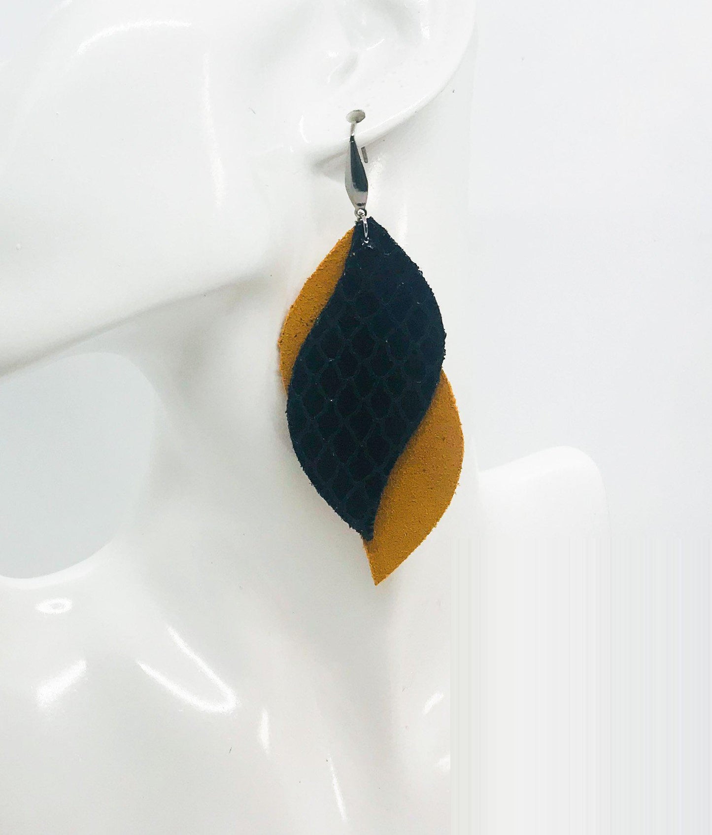 Mustard Suede Leather and Fish Net Leather Earrings - E19-1438