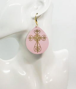 Baby Pink Divine Leather and Gold Cross Accent Leather Earrings - E19-1444