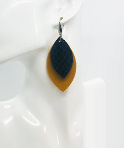 Dark Mustard Suede Leather and Fish Net Black Leather Earrings - E19-1449
