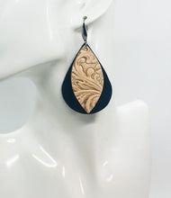 Load image into Gallery viewer, Royal Blue and Embossed Acanthus Pattern Leather Earrings - E19-1491