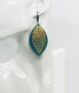 Blue Green Soft Leather and Silver Halo on Banana Leather Earrings - E19-1499