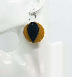 Mustard Suede Leather and Fish Net Pattern Black Leather Earrings - E19-1503