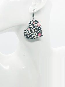 Roses over Black Spotted Leopard Leather Earrings - E19-1744