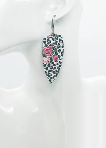Roses over Black Spotted Leopard Leather Earrings - E19-1754