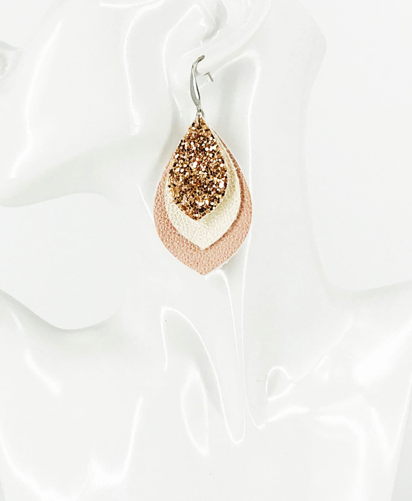 Shiny Pearl Faux Leather and Chunky Glitter Layered Earrings - E19-2853