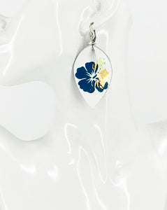 White Genuine Leather and Hibiscus Flower Earrings - E19-2884