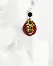 Load image into Gallery viewer, Black Druzy Agate and Cranberry and Leopard Leather Earrings - E19-2910