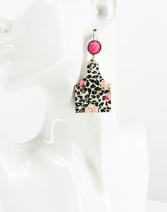 Druzy Agate and Roses on Leopard Leather Earrings - E19-2929
