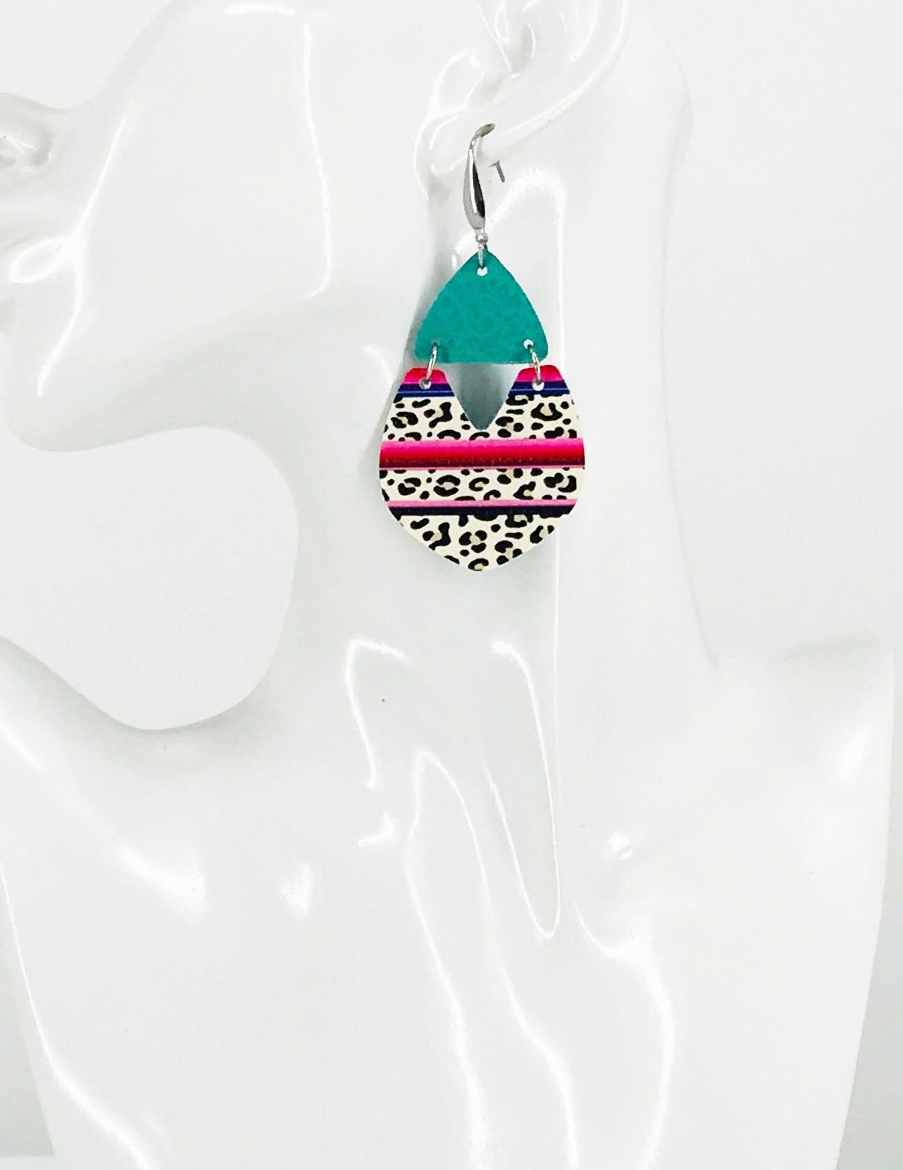 Teal and Cheetah Serape Striped Faux Leather Earrings - E19-2981