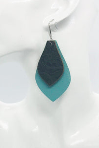 Aqua and Brown Embossed Leather Earrings - E19-362