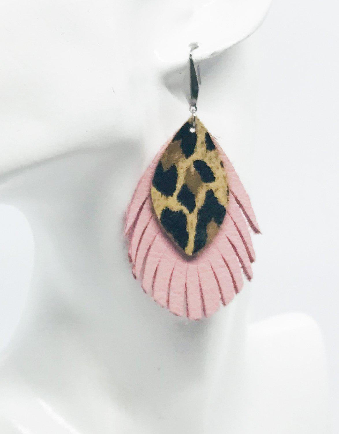 Pink and Cheetah Fringe Leather Earrings
