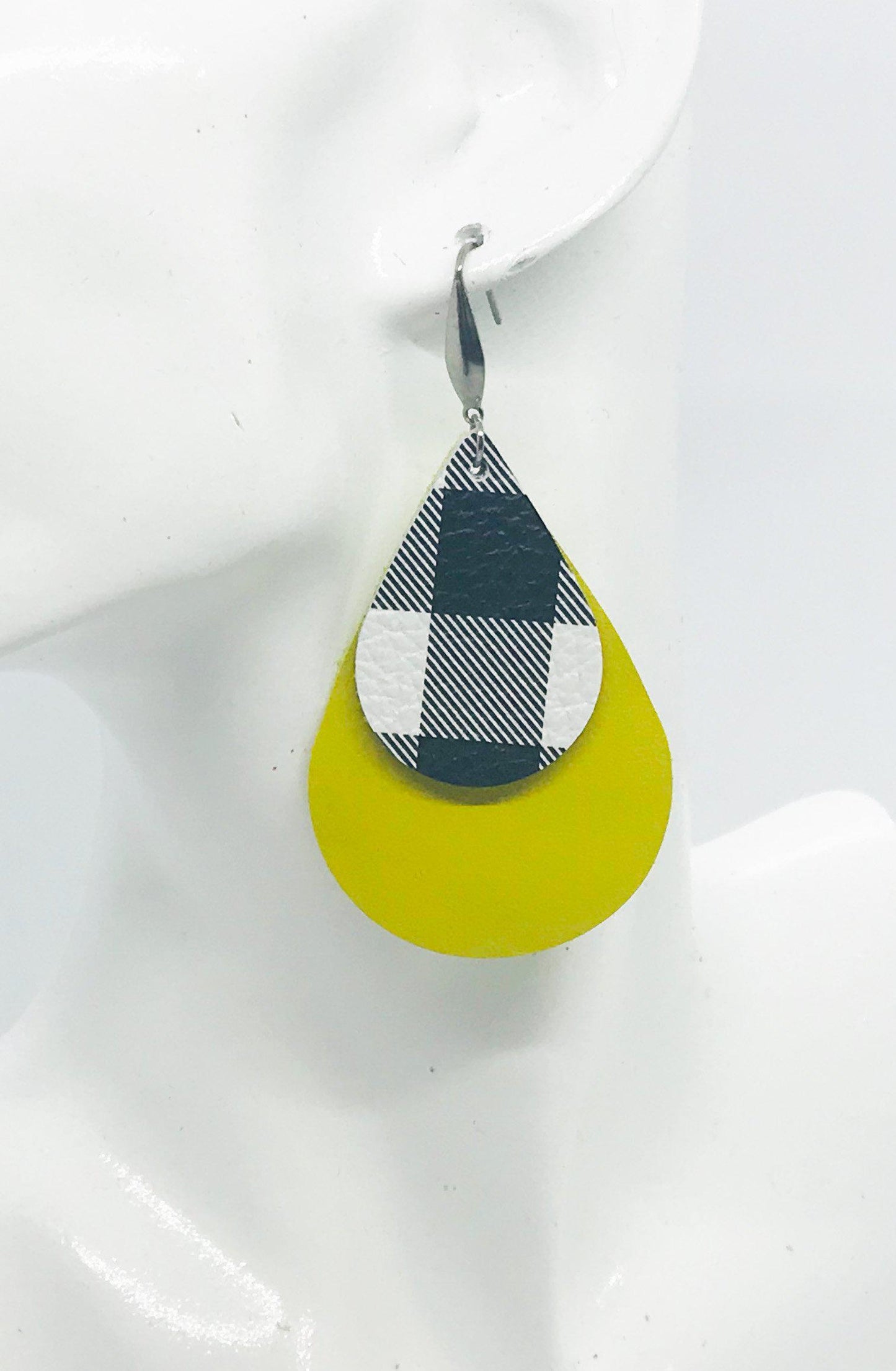 Genuine Yellow and Buffalo Plaid Leather Earrings - E19-398