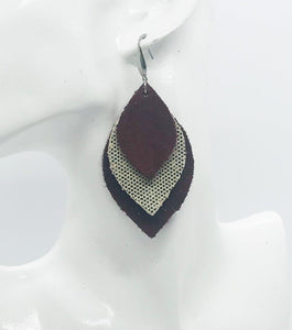 Burgundy Suede Leather and Metallic Gold Leather Earrings - E19-469