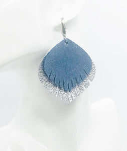 Metallic Silver and Blue Genuine Leather Earrings - E19-527