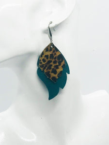 Dark Turquoise and Gold Metallic Banana Leopard Leather Earrings - E19-731