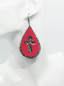 Coral Genuine Leather and Chunky Glitter Cross Earrings - E19-752