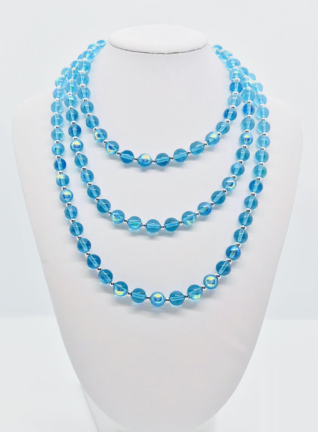 Aqua and Silver Glass Bead Necklace - N114
