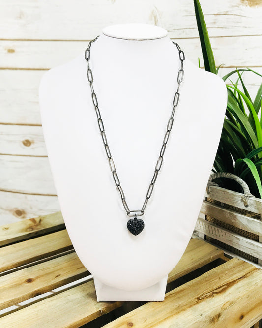Paperclip Chain & Pave Heart Pendant Necklace - N619