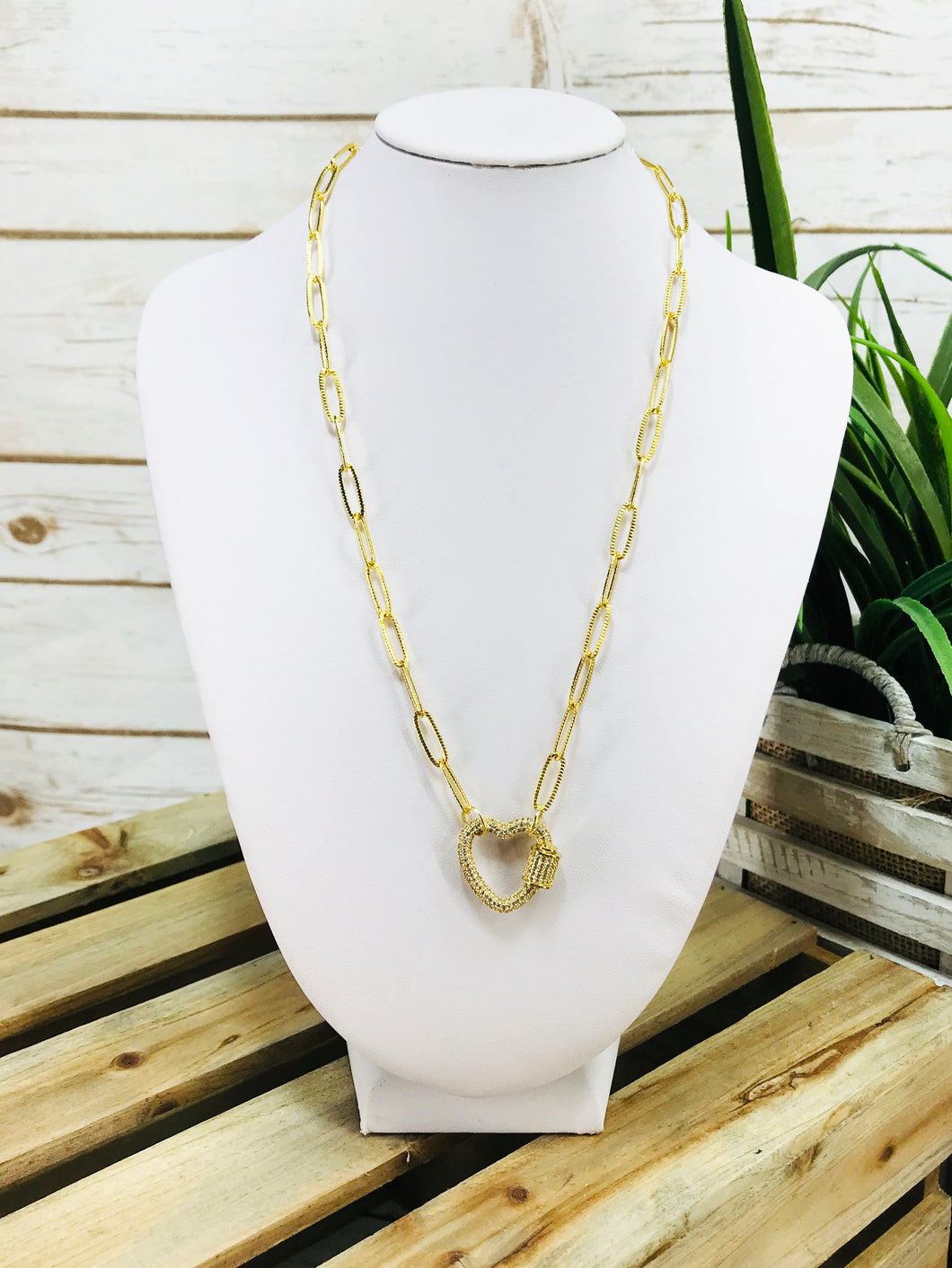 Paperclip Chain & Pave Heart Necklace - N621